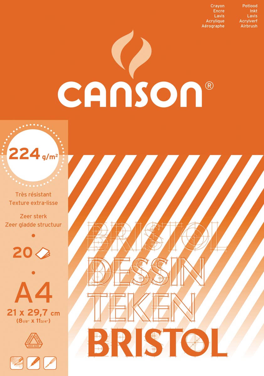 Canson tekenpapier Bristol, 224 g, ft 21 x 29,7 cm, A4, blok van 20 vel afbeelding