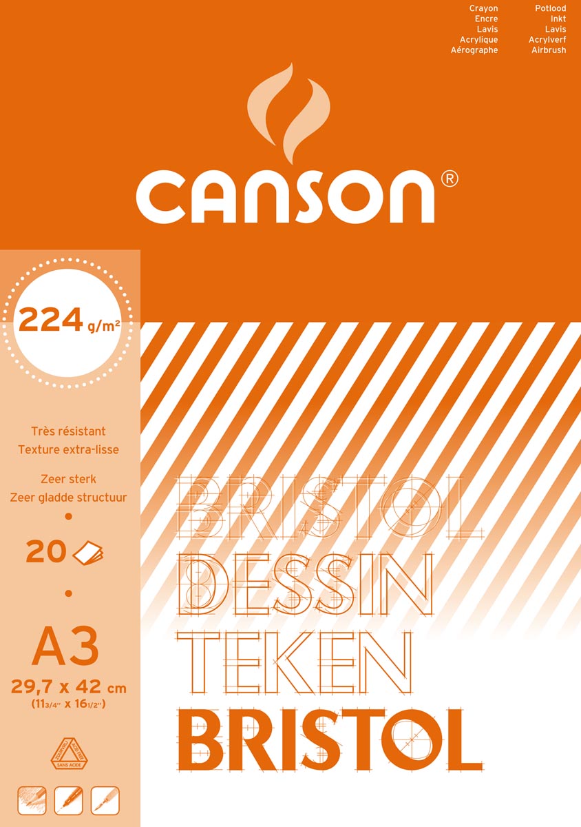 Canson tekenpapier Bristol, 224 g, ft 29,7 x 42 cm, A3, blok van 20 vel afbeelding