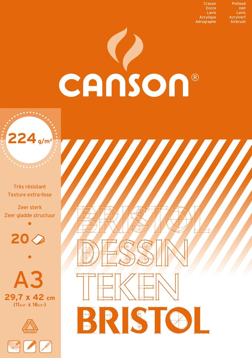 Canson tekenpapier Bristol, 224 g, ft 29,7 x 42 cm, A3, blok van 20 vel