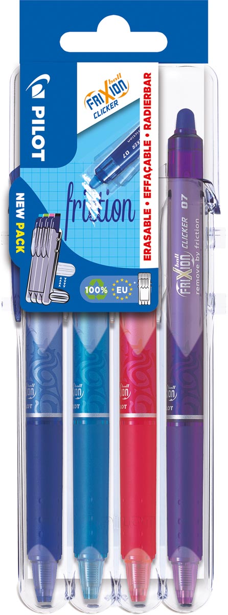 Pilot intrekbare roller FriXion Ball Clicker 2 Go, medium punt, 0,7 mm, blister met 4 stuks afbeelding