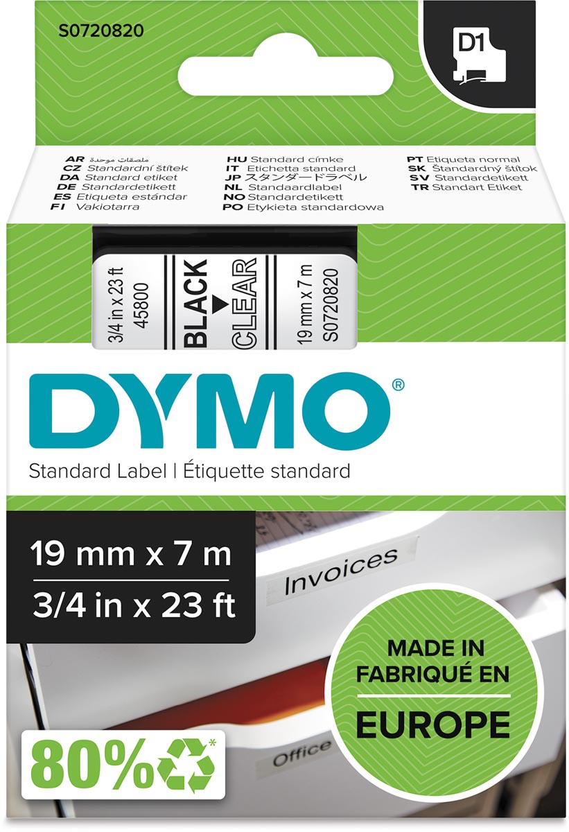 Dymo D1 tape 19 mm, zwart op transparant Dymo D1 tape 19 mm, zwart op transparant