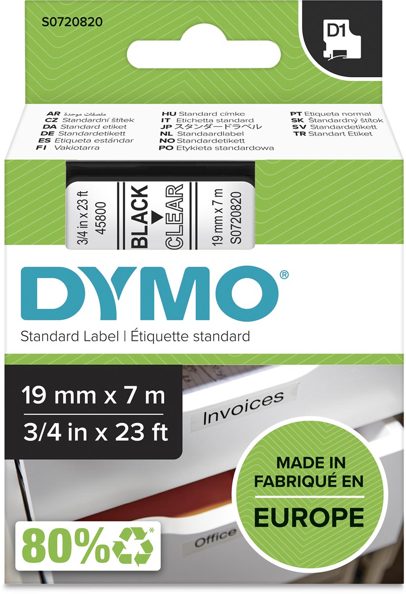 Dymo D1 tape 19 mm, zwart op transparant afbeelding