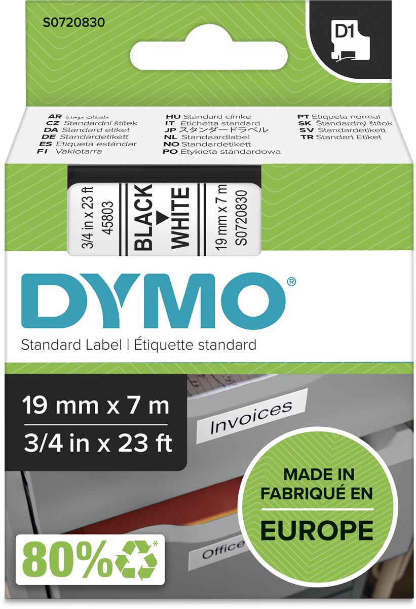 Dymo D1 tape 19 mm, zwart op wit afbeelding