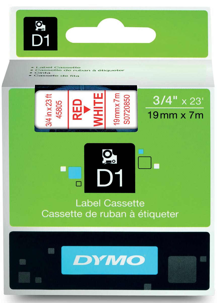 Dymo D1 permanente polyestertape 19 mm, rood op wit
