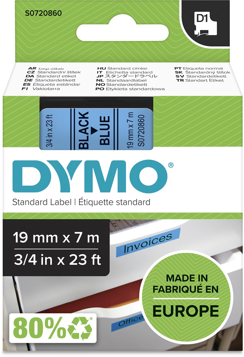 Dymo D1 tape 19 mm, zwart op blauw afbeelding