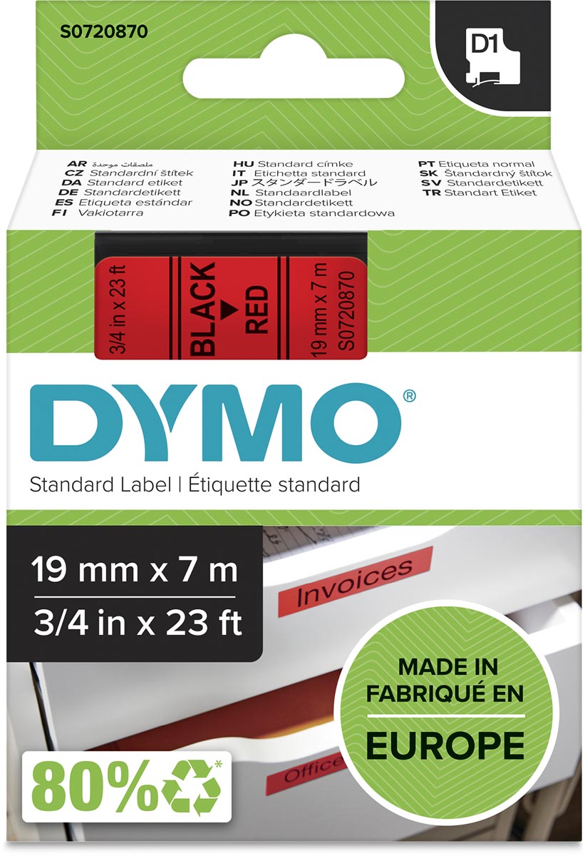 Dymo D1 tape 19 mm, zwart op rood afbeelding