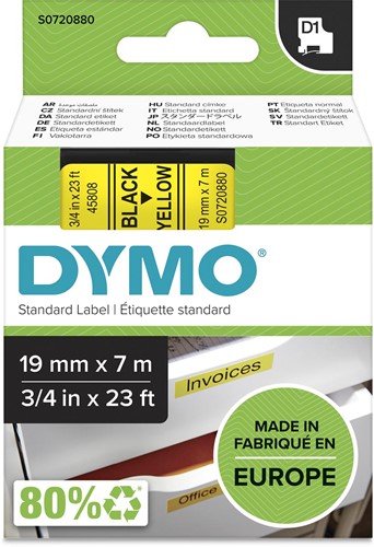 Dymo D1 tape 19 mm, zwart op geel
