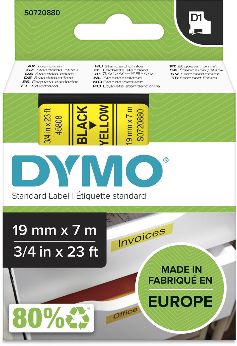 Dymo D1 tape 19 mm, zwart op geel afbeelding