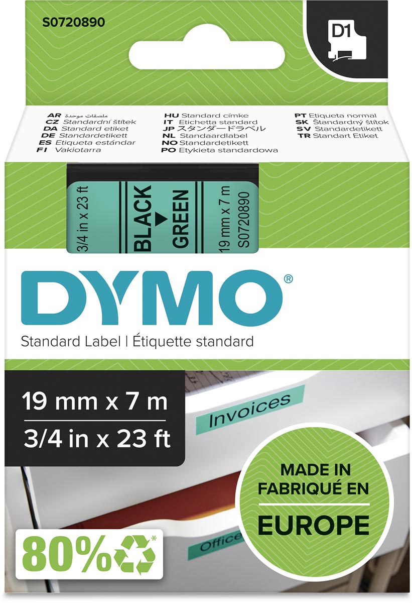 Dymo D1 tape 19 mm, zwart op groen afbeelding