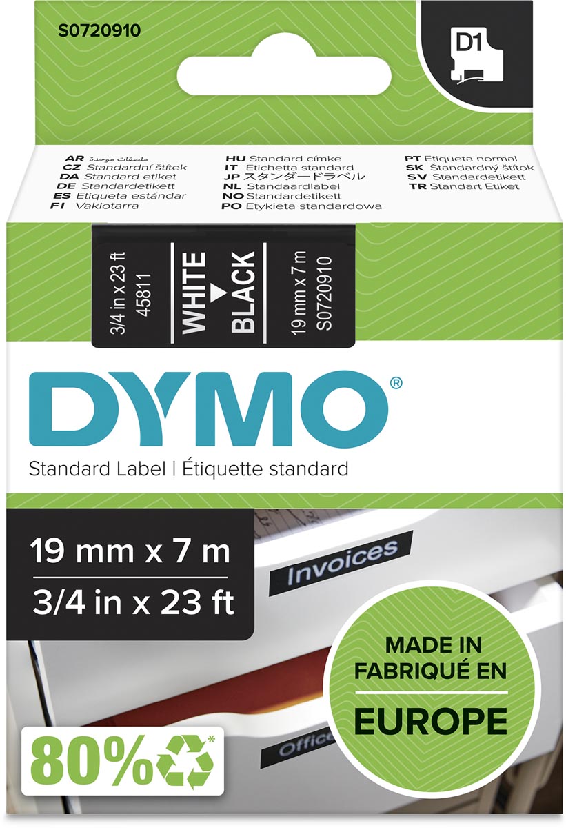 Dymo D1 tape 19 mm, wit op zwart afbeelding