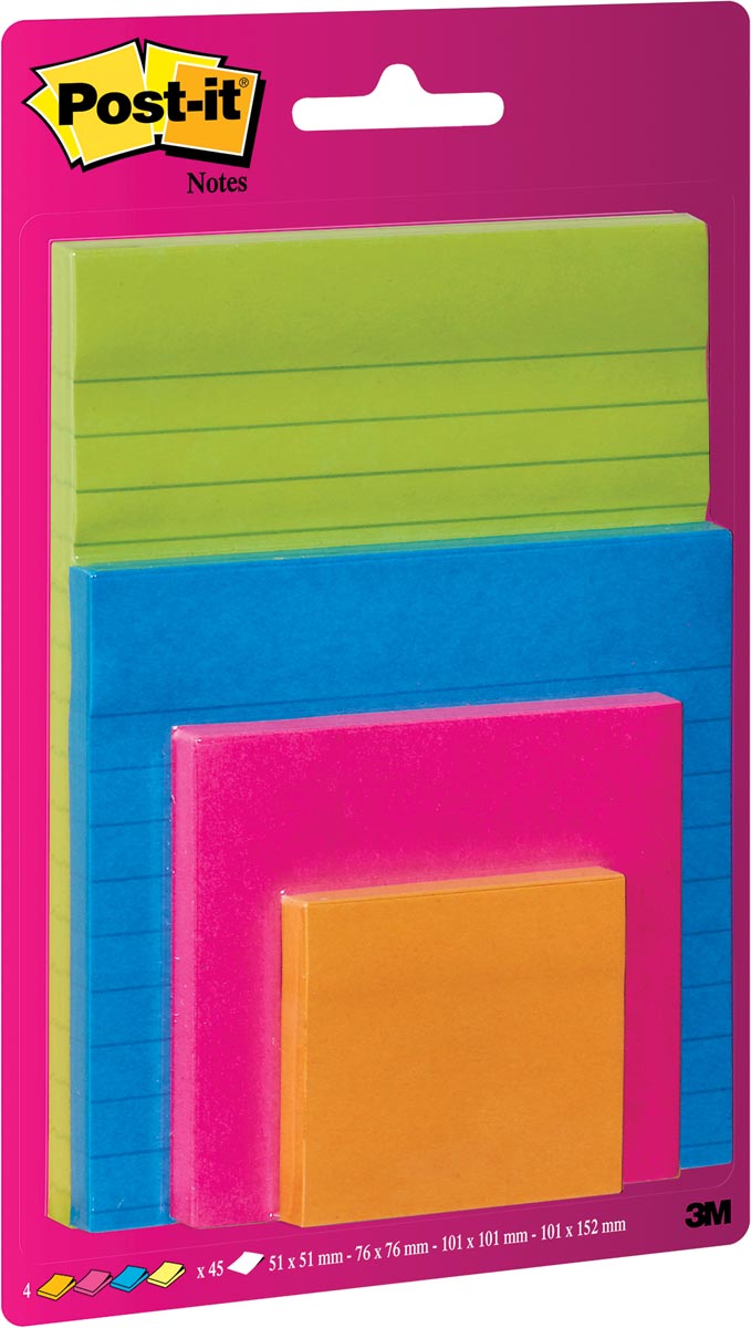 Post-It Super Sticky Notes, geassorteerde kleuren en formaten, blister van 4
