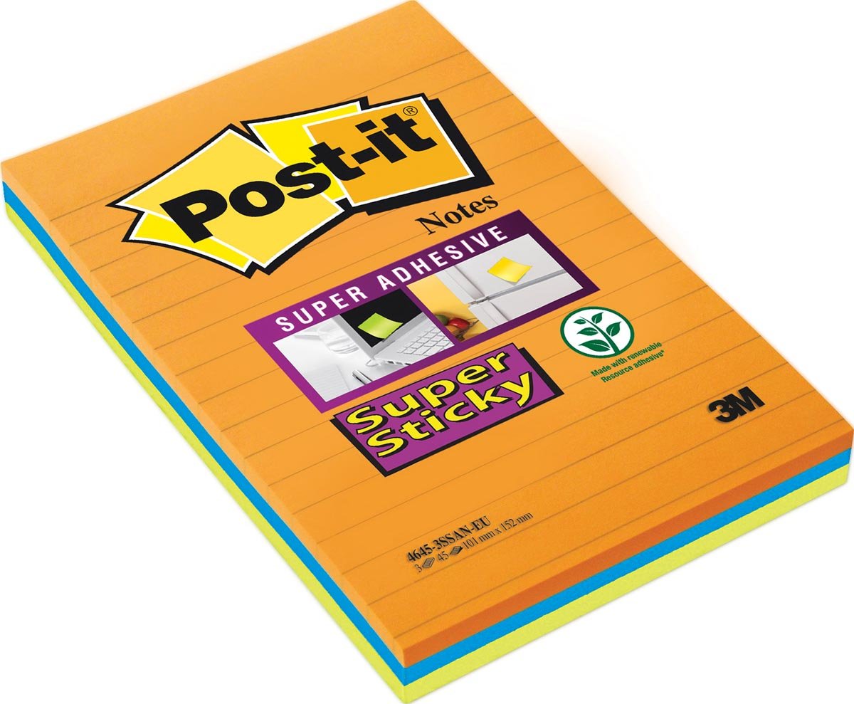 Post-It Super Sticky Notes, 45 blaadjes, ft 102 x 152 mm, geassorteerde kleuren, pak van 3 afbeelding