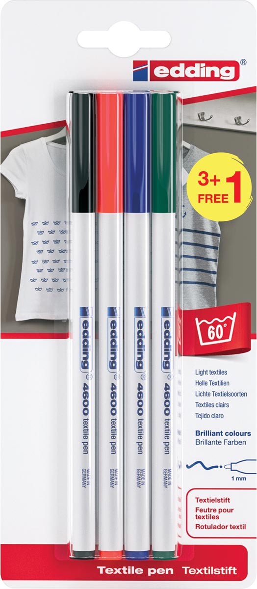 Edding textielstift 4600, set van 4 stuks in geassorteerde basiskleuren (3+1 gratis)