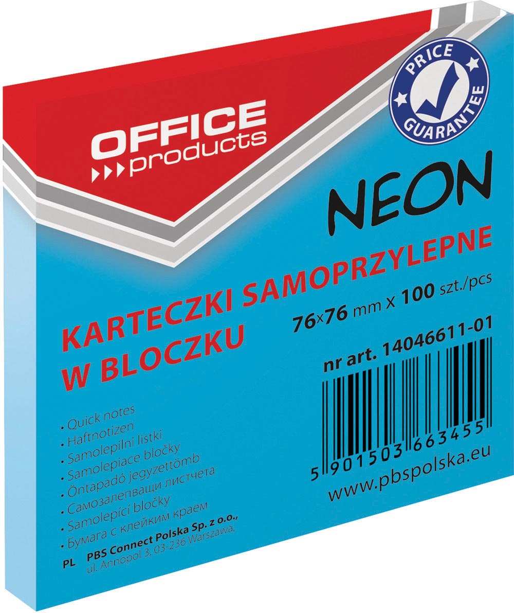 OFFICE products memoblok Neon, 76 x 76 mm, 100 vel, neonblauw