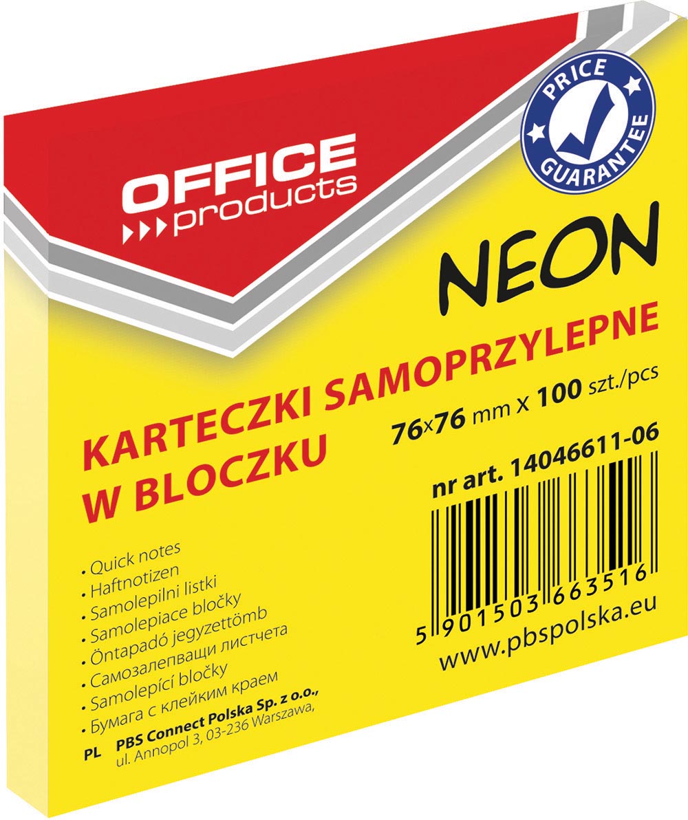 OFFICE products memoblok Neon, 76 x 76 mm, 100 vel, neongeel