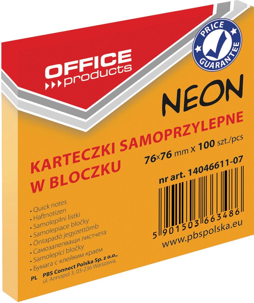Office Products memoblok Neon, ft 76 x 76 mm, 100 vel, neonoranje