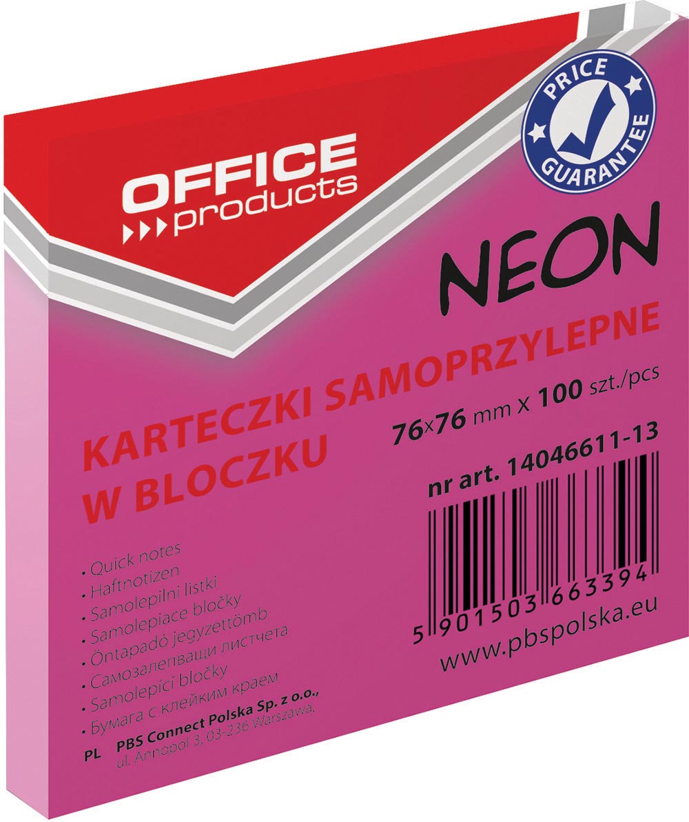 OFFICE products memoblok Neon, 76 x 76 mm, 100 vel, neonroze