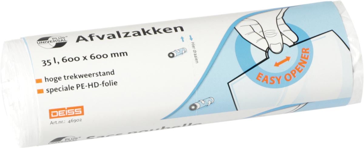 Universal Plus vuilniszak 10 micron, ft 60 x 60 cm, 35 liter, wit, rol van 50 stuks afbeelding