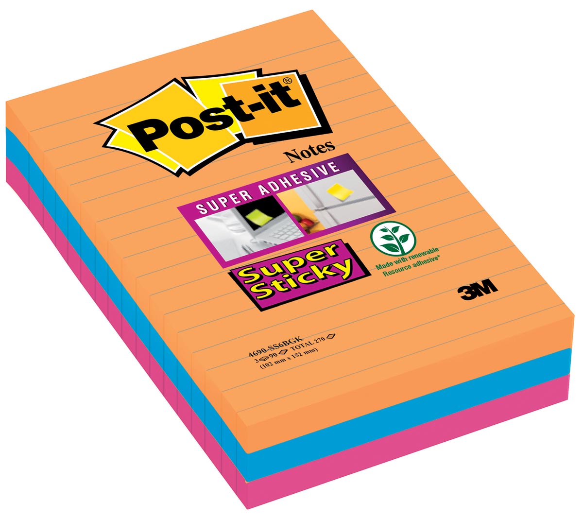Post-it Super Sticky Notes XXL Boost, 90 vel, ft 101 X 152 mm, gelijnd, geassorteerde kleuren, pak van 3 afbeelding