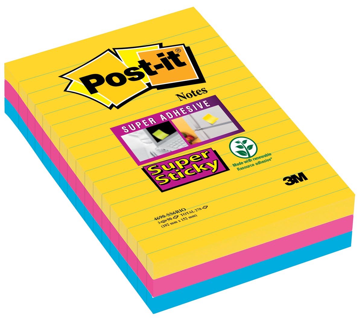 Post-it Super Sticky notes XXL Carnival, 90 vel, ft 101 X 152 mm, gelijnd, geassorteerde kleuren, pa Post-it Super Sticky notes XXL Carnival, 90 vel, ft 101 X 152 mm, gelijnd, geassorteerde kleuren, pa