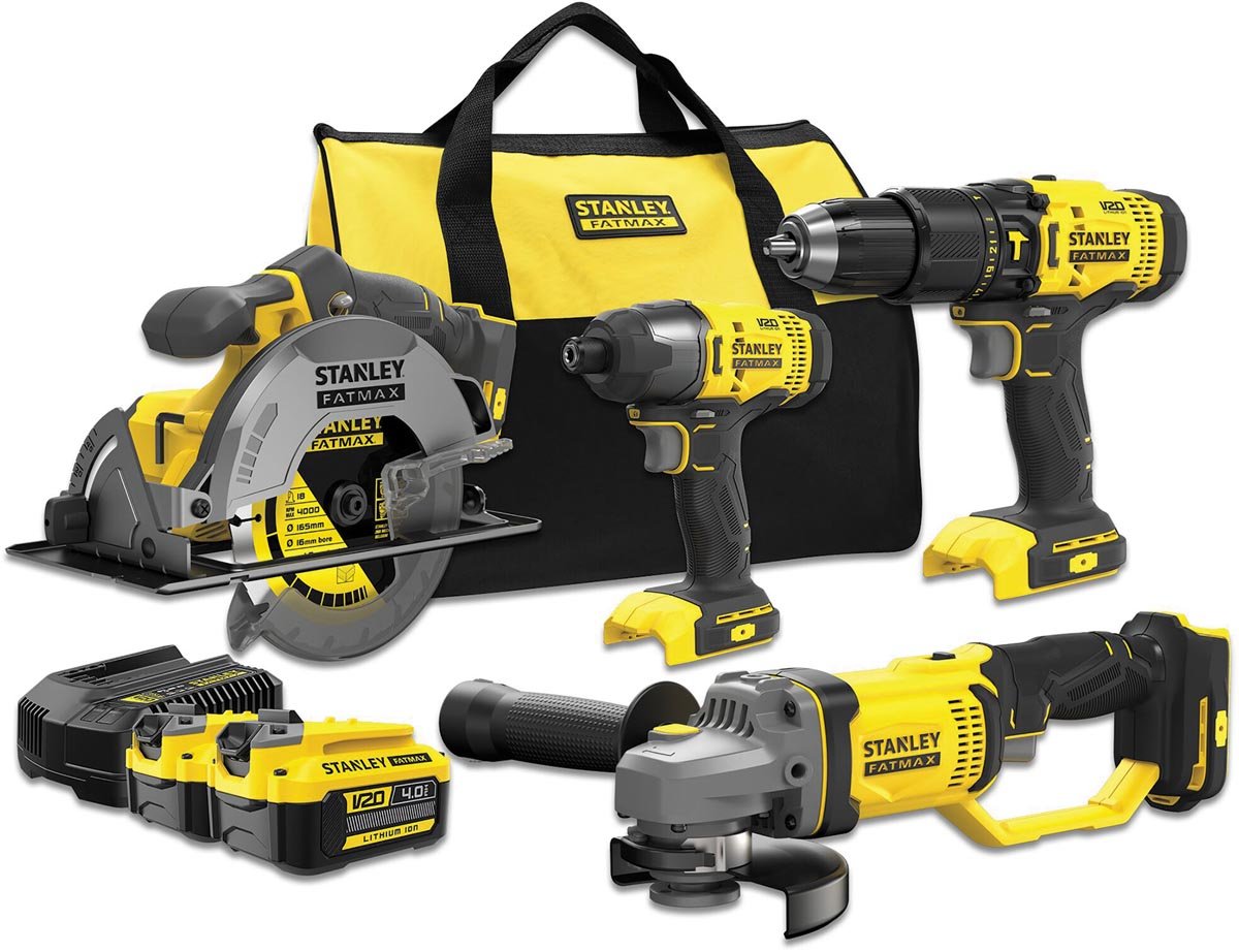 Stanley Fatmax schroefklopboor, slagschroevendraaier, cirkelzaag, haakse slijper 18V + 2 accu&apos;s + softbag afbeelding