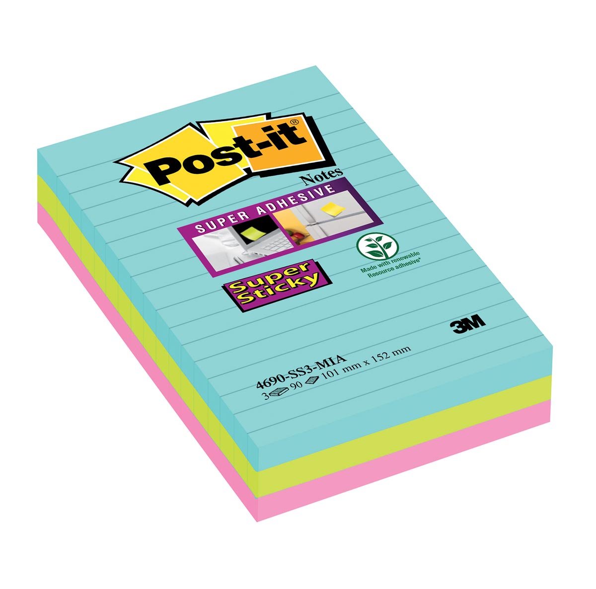 Post-it Super Sticky Notes XXL Cosmic, 90 vel, ft 101 X 152 mm, gelijnd, geassorteerde kleuren, pak van 3 afbeelding