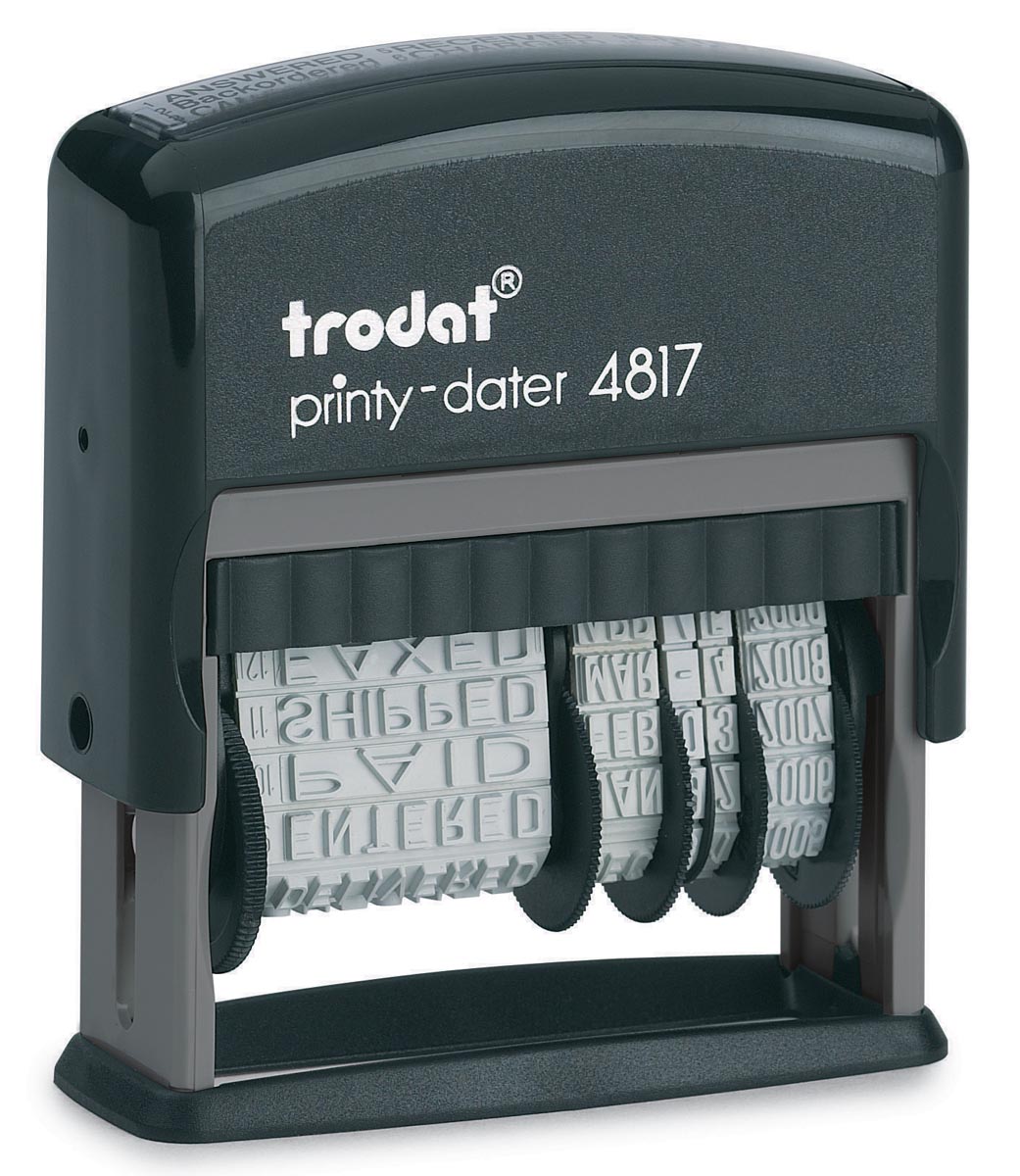 Trodat tekststempel met datum Printy 4817 woorden: verzonden, beantwoord, gecontroleerd, behandeld, in... afbeelding