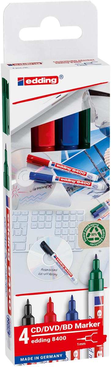 Edding permanent marker CD/DVD/BD 8400, geassorteerde kleuren, blister van 4 stuks afbeelding