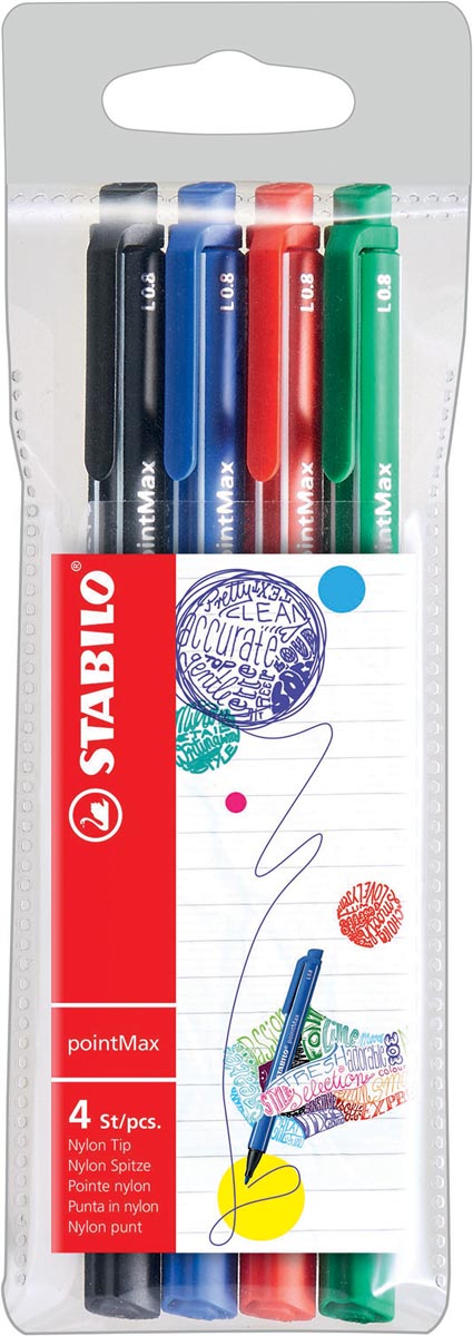 STABILO pointMax schrijfstift, 0,8 mm, etui van 4 stuks in geassorteerde standaard kleuren afbeelding