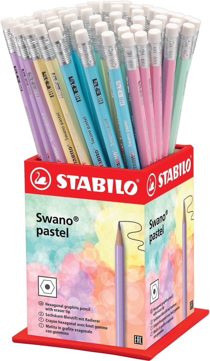 STABILO Swano pastel potlood, HB, met gom, display van 72 stuks in geassorteerde kleuren STABILO Swano pastel potlood, HB, met gom, display van 72 stuks in geassorteerde kleuren