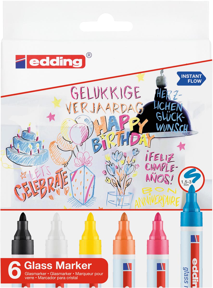 Edding e-95 glasmarker, set van 6 geassorteerde kleuren