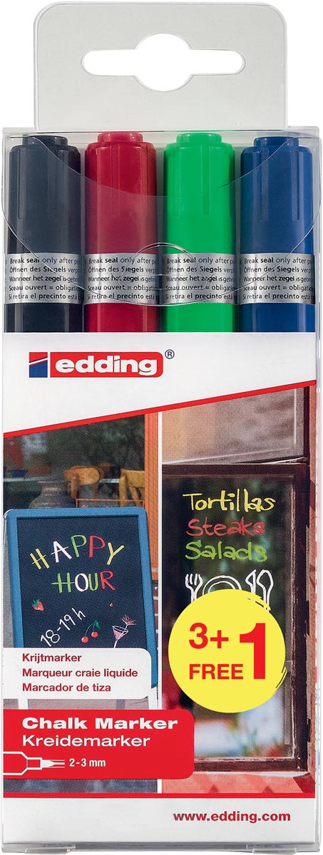 Edding krijtmarker 4095, geassorteerde kleuren, etui van 4 stuks (3 + 1 gratis)