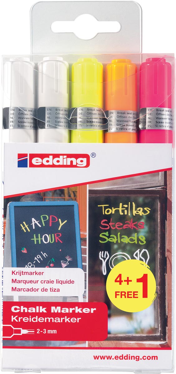 Edding krijtmarker 4095, geassorteerde kleuren, etui van 5 stuks (4 + 1 gratis)