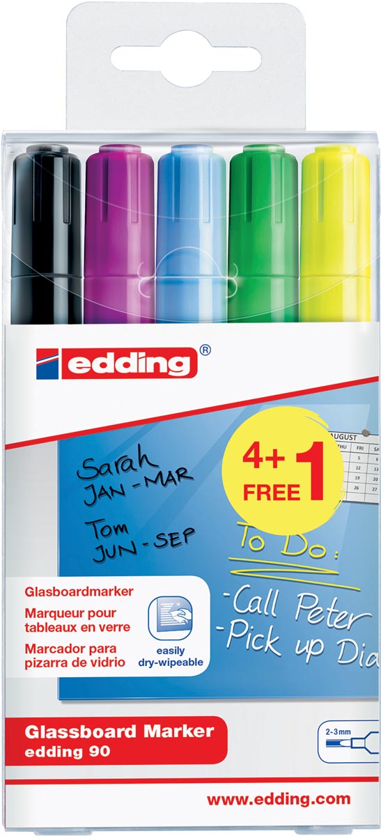 Edding glasbordmarker 90, ophangetui met 5 stuks in geassorteerde kleuren (4 + 1 gratis)