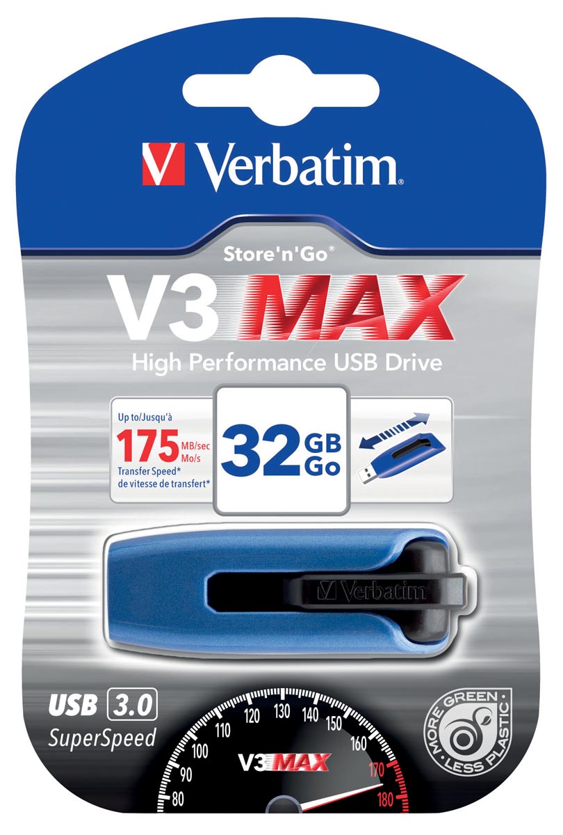 Verbatim V3 MAX USB 3.0 stick, 32 GB blauw Verbatim V3 MAX USB 3.0 stick, 32 GB blauw