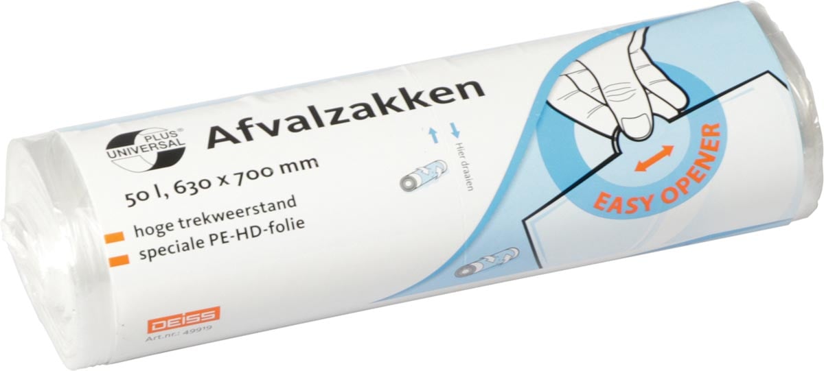 Afbeelding van Universal Plus vuilniszak 10 micron, ft 63 x 70 cm, 50 liter, wit, rol van 50 stuks