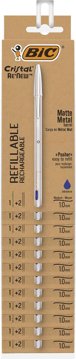 Bic balpen Cristal Re-new zilveren lichaam blauwe inkt clipstrip van 12 stuks