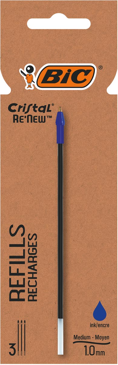 BIC Cristal Re-New balpenvulling, medium, 3 st, blauw afbeelding