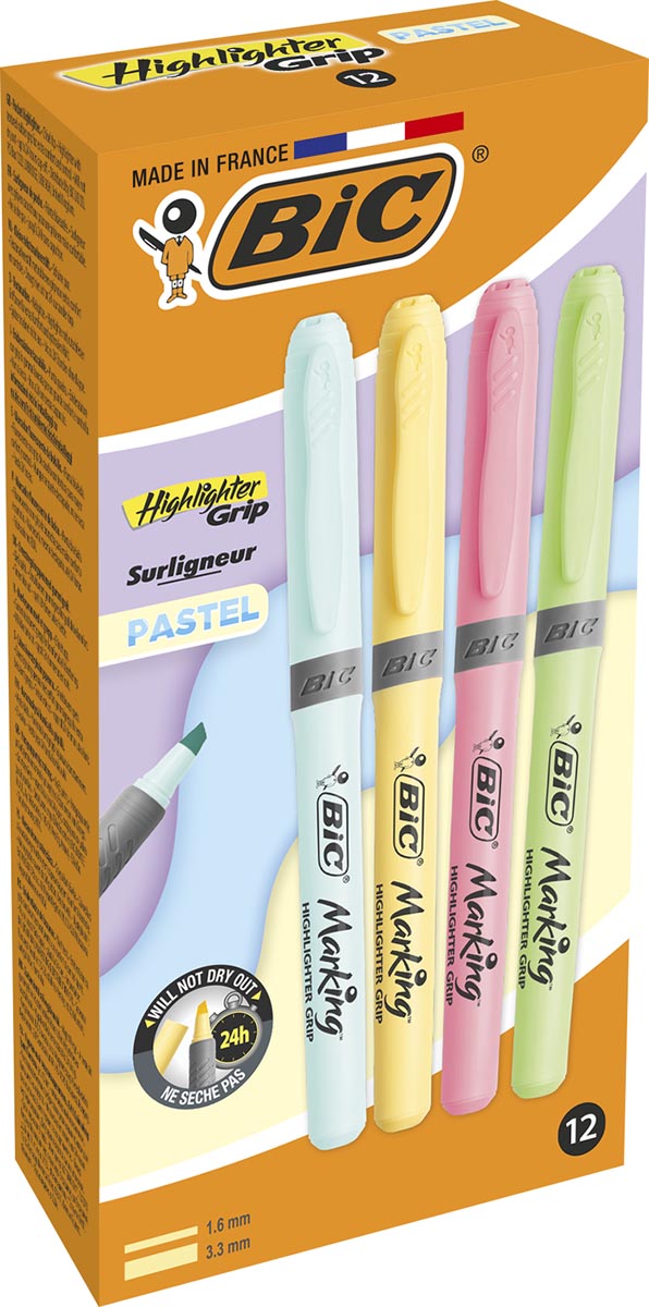 Bic markeerstift Highlighter Grip Pastel, doos met 12 stuks