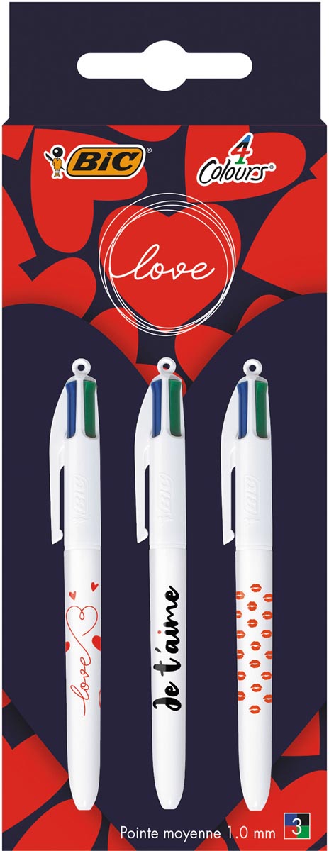 Bic 4 Colours Love, balpen, medium, 4 klassieke inktkleuren, blister van 3 stuks Bic 4 Colours Love, balpen, medium, 4 klassieke inktkleuren, blister van 3 stuks