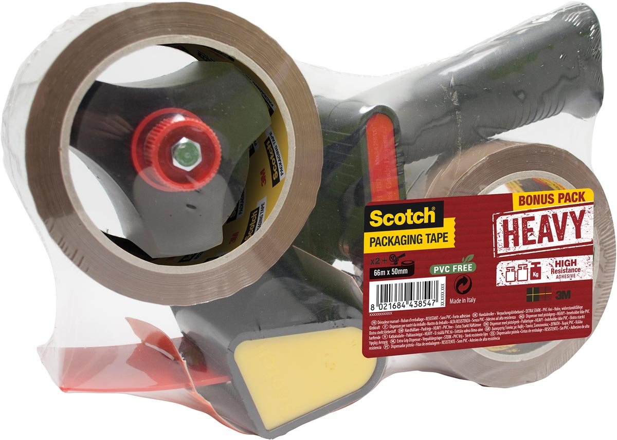 Scotch verpakkingstape Heavy ft 50 mm x 66 m bruin, 2 rollen met Pistol Grip dispenser afbeelding