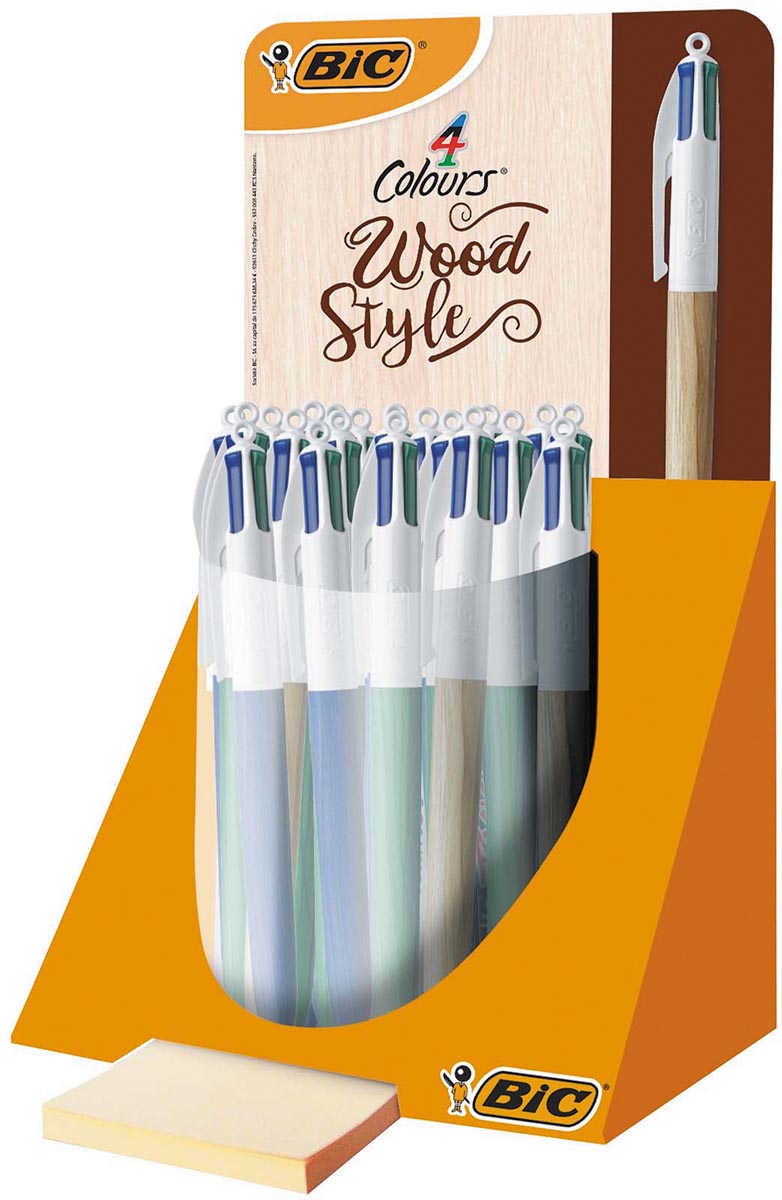 Afbeelding van Bic 4 Colours Wood, balpen, medium, 4 klassieke inktkleuren, display van 30 stuks