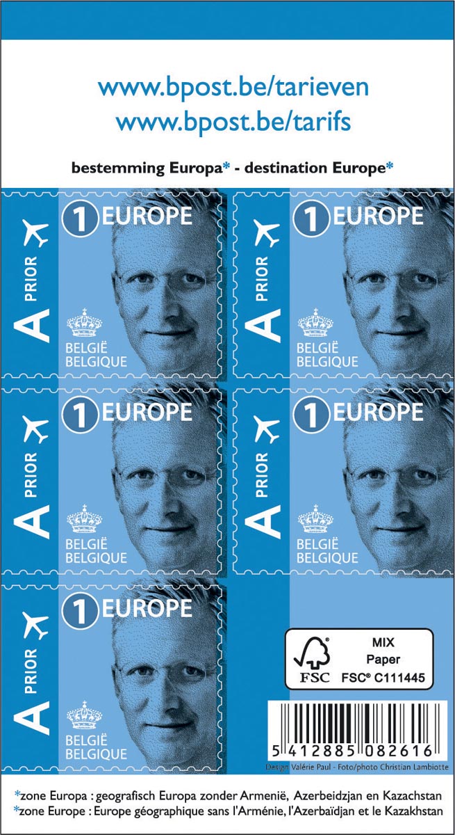 BPost postzegel tarief 1 Europa, Koning Filip, blister van 50 stuks, prior