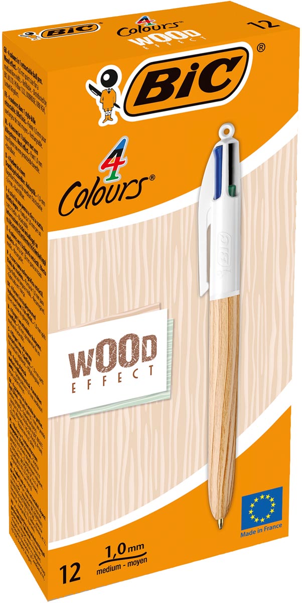 Afbeelding van Bic Colours Wood Style, 4-kleurenbalpen, medium, klassieke inktkleuren