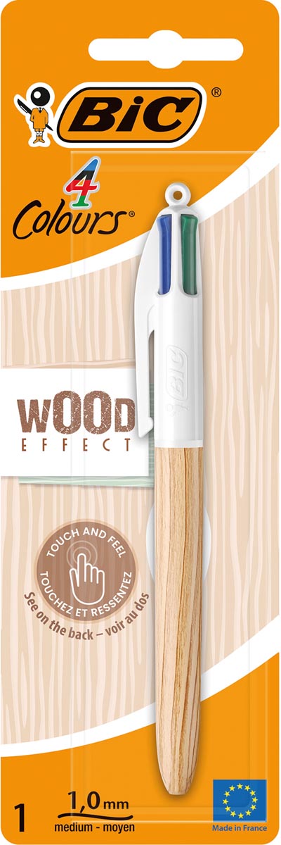 Bic Colours Wood Style, 4-kleurenbalpen, medium, klassieke inktkleuren, op blister afbeelding