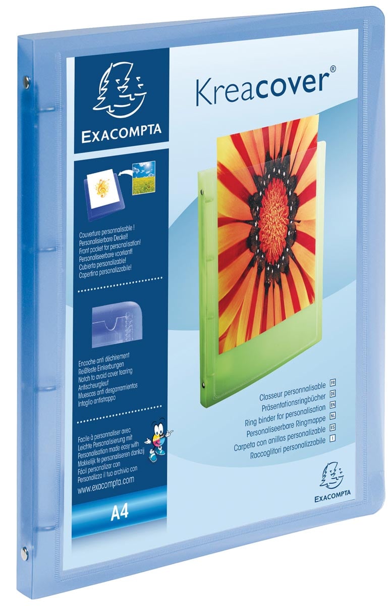 Exacompta Personaliseerbare ringmap Kreacover 4 ringen, transparant blauw afbeelding