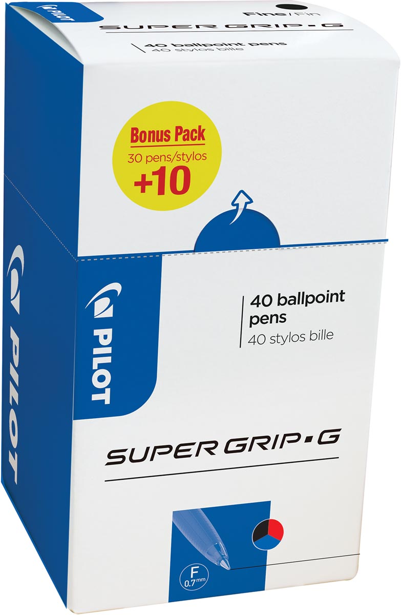 Pilot balpen Super Grip G fijn met dop, value pack met 30 + 10 stuks in 3 geassorteerde kleuren