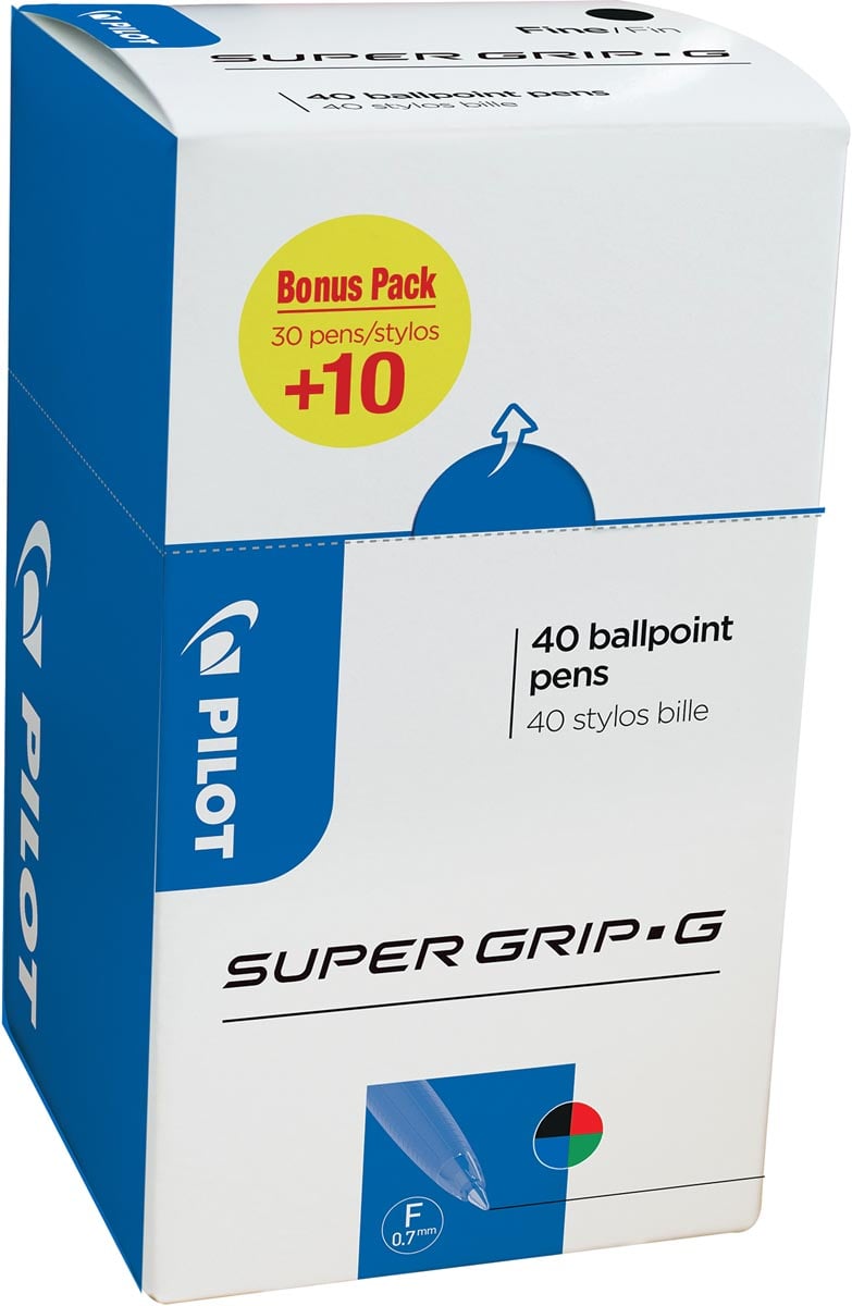 Pilot balpen Super Grip G fijn met dop, value pack met 30 + 10 stuks in 4 geassorteerde kleuren
