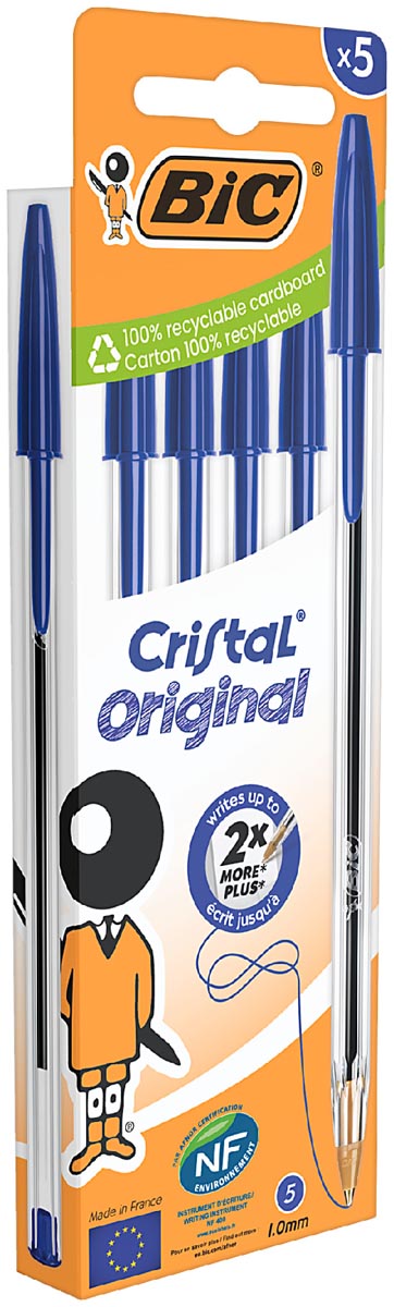 Bic Cristal balpen medium, blauw, blister van 5 stuks afbeelding
