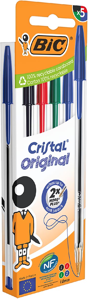 Bic Cristal balpen, medium, blister van 5 stuks: zwart, rood, groen en 2 x blauw afbeelding